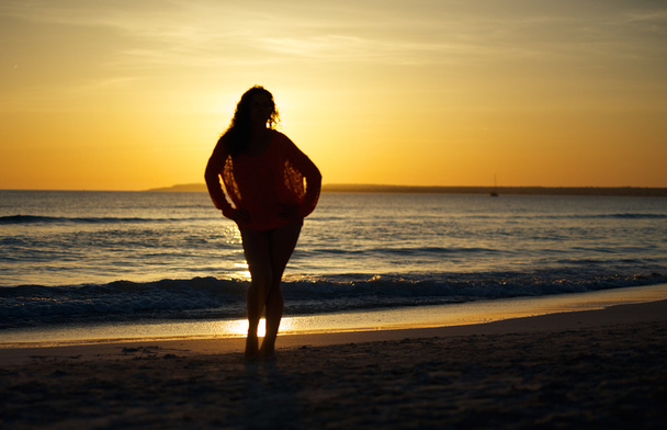 Tyttö rannalla auringonlaskun aikana
 - Valokuva, kuva