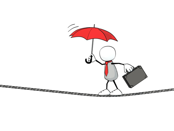 Petit homme sketchy avec cravate, mallette et parapluie rouge équilibrant sur une corde
 - Photo, image