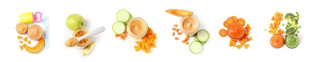 Collage of healthy baby food in jars on white background, top view - Foto, imagen