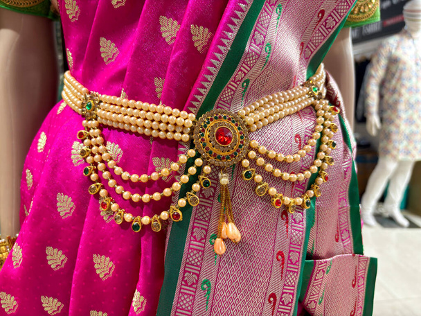 Geleneksel bir sari giyen ve göbek zinciri takan bir kadın. Moda mağazası olarak da bilinir. - Fotoğraf, Görsel