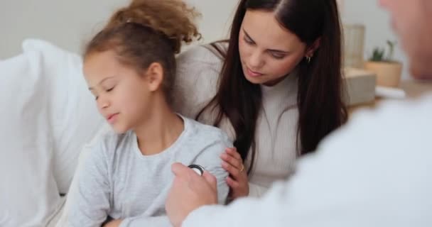 Child, scared and doctor for examination in home for health, medicare and wellness. Mother, little girl and no with decision, choice or answer with paediatrician, stethoscope, lungs and breathing. - Footage, Video