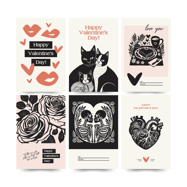 Modern Valentine's day vertical flyer, postcard or poster template. Love hand drawn trendy illustration. - Vector, Image