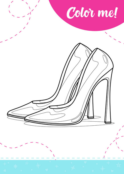 Coloring page for kids with girls high heel shoes.A printable worksheet, vector illustration. - Vector, Image