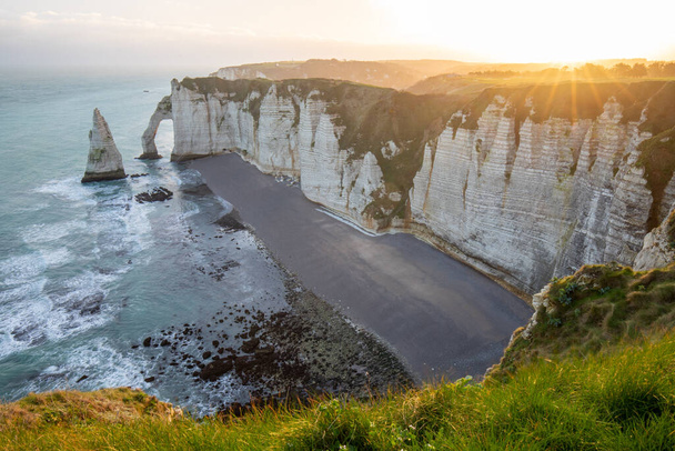 Picturesque panoramic landscape on the cliffs of Etretat. Natural amazing cliffs. Etretat, Normandy, France, La Manche or English Channel. Coast of the Pays de Caux area in sunny summer day. France - Photo, Image