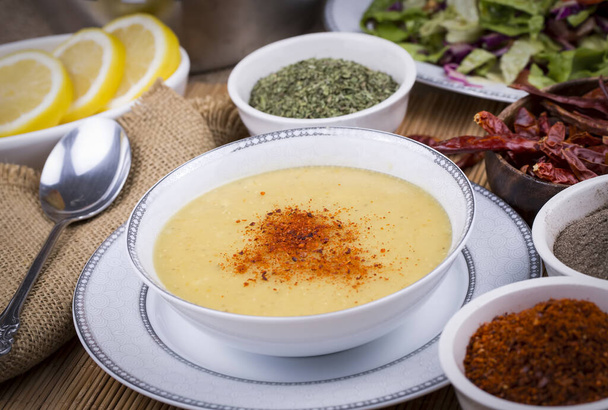 Traditional delicious Turkis foods; red lentil soup (mercimek corba) - Photo, Image