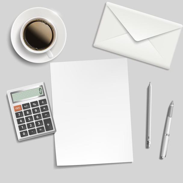 лист паперу, конверт, калькулятор, ручка і чашка кави на т
 - Вектор, зображення