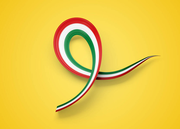 3d vlajka Maďarska lesklé vlnité povědomí stuha vlajka izolované na žlutém pozadí 3d ilustrace - Fotografie, Obrázek