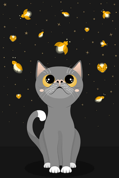 Cute cat watch in fascination on magical fireflies. Lovely kitten look at the night starry sky with shining flying glowworms. Flat vector illustration - Vector, Image