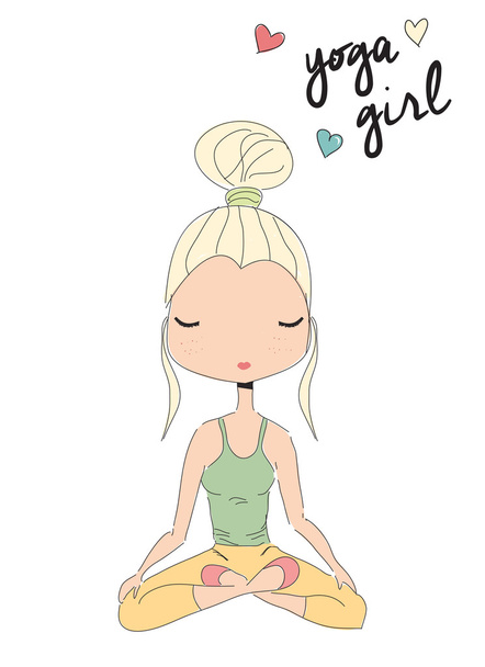 Chica de yoga sentada en pose de loto, dibujada a mano
 - Vector, imagen