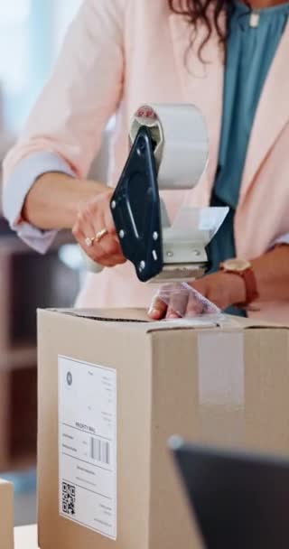 Logistics, hand and box with tape for package, delivery or distribution by transport. Small business, startup and female manager by preparing of order, clothes or shipment with adhesive for customer. - Footage, Video