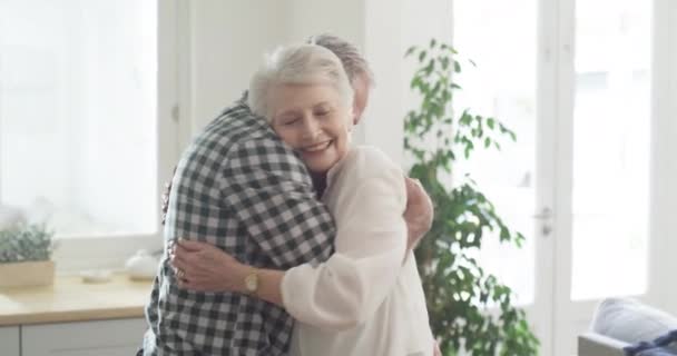 Happy couple, home and smiling with hug, marriage and embrace, outdoor and joyful. Retirement, elderly or love for commitment, bonding together or care for romantic relationship, man or woman. - Footage, Video
