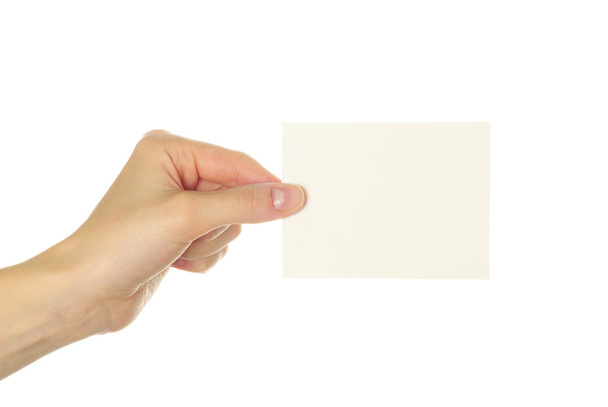 白い背景の上の手でカードのダミーカード - 写真・画像