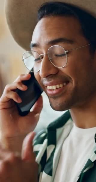 Man, phone call and laughing face with conversation and communication with smile and networking. Happy, funny male person and speaking with mobile connection and fun discussion with talking and joke. - Footage, Video