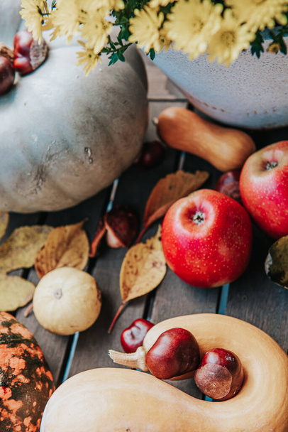 őszi szüret csendélet sárga levelekkel, sütőtökkel, almával és gesztenyével. - Fotó, kép