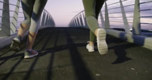 Vrienden, hardlopen en fitness op de brug 's nachts, praten en vrouwen in beweging samenwerking in de stad. Achter jongeren, training en samen voor sportieve uitdaging, cardio en workout outdoor. - Video