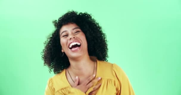 Green screen, laugh and face of happy woman in studio with positive energy, attitude or mindset on mockup background. Freedom, portrait or female model with laughter, comedy or reaction to funny joke. - Footage, Video