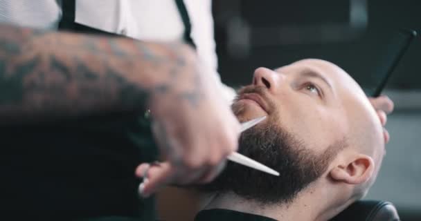 Soins capillaires, barbe et homme chez le coiffeur avec ciseaux, coupe et outils pour coiffure à la mode dans les petites entreprises. Style, coiffeur et client dans la chaise pour le service de toilettage, coiffure faciale créative et garniture - Séquence, vidéo