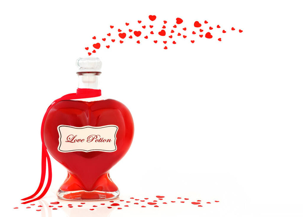 Heart shaped love potion bottle and loose red heart confetti decorations on white background. Valentines Day concept with fantasy magical romantic elixir concoction. - Photo, Image