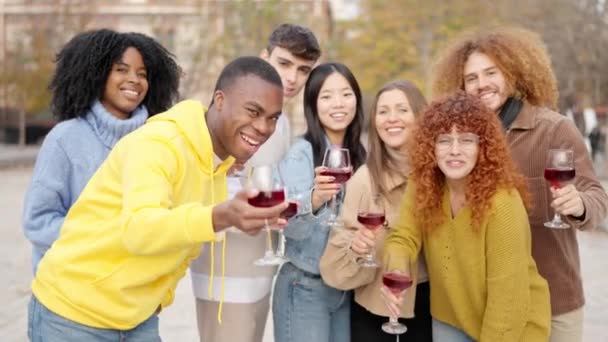 Vídeo en cámara lenta de un grupo de amigos multiétnicos brindando con vino sonriendo a la cámara al aire libre - Imágenes, Vídeo