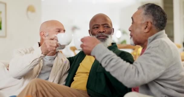 Toast, Kaffee oder Senioren im Ruhestand, Diskussion oder Gespräch zur Unterstützung oder Bindung. Menschen, jubeln oder glücklich erwachsene Freunde zu Hause reden oder sprechen von der Erinnerung, um sich mit Teetrinken zu entspannen. - Filmmaterial, Video