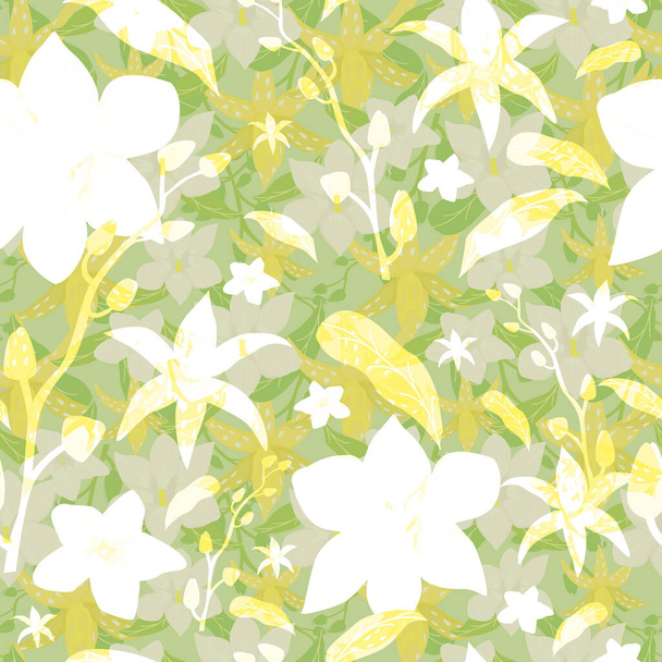 Patrón floral sin costura vectorial con flores de orquídea. Dibujado a mano superficie patrón ilustración fondo decorativo - Vector, imagen