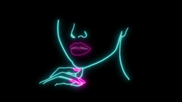 Oświetlona Neonowa Świecąca Kobieta Twarz Ręcznie Narysowana Abstrakcyjna Ilustracja. Piękna kobieta z różową szminką i lakierem do paznokci. Odizolowana konstrukcja Beauty Caring Concept Neon Woman Face for Beauty Businesses - Materiał filmowy, wideo
