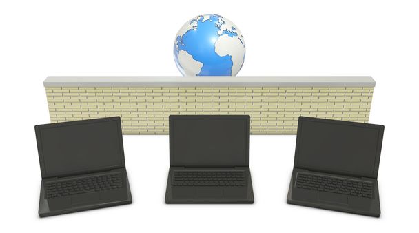 Earth and laptops with abstract firewall in the middle - Photo, Image