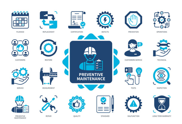 Preventive Maintenance icon set. Malfunction, Inspection, Conditions, Customer Service, Repair, Certification, Replacement, Restore. Duotone color solid icons - Vector, Image