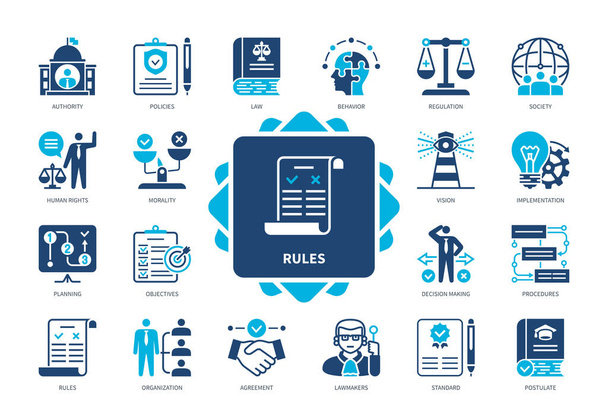 Κανόνες σύνολο εικονιδίων. Εφαρμογή, Αρχή, Διαδικασίες, Λήψη Αποφάσεων, Νομοθέτες, Συμφωνία, Ηθική, Κανονισμοί. Στερεά εικονίδια χρώματος Duotone - Διάνυσμα, εικόνα