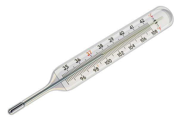 Medizinisches, klinisches Quecksilberthermometer, das die Temperatur in Fahrenheit und Celsius-Skalen zeigt, 3D-Darstellung isoliert auf weißem Hintergrund - Foto, Bild