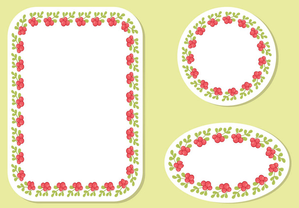 Set aus 3 dekorativen Kränzen mit Zweigen, Beeren und Blättern. Vektorillustration. Rahmen, Kreise, Quadrat und Oval.  - Vektor, Bild