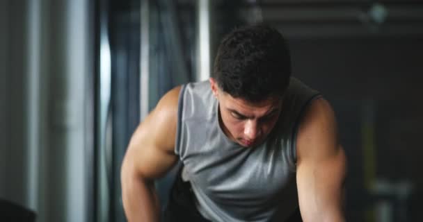 ダンベル列, 強い男や運動腕の強さ, 筋肉の成長の開発やトレーニングハードワーク. 肖像画, ジムのコミットメントとフィットネスライフスタイルの人, アスリートやボディービルダーのトレーニング 筋肉. - 映像、動画