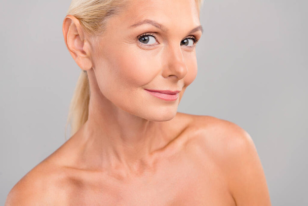 Cropped photo of lovely happy woman hydration peeling pampering delicate perfect skin anti age cosmetics isolated on gray color background. - Φωτογραφία, εικόνα