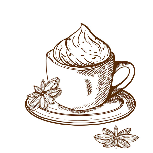 Disegno Disegno di una tazza di caffè con un top crema e stelle di anice. Illustrazione vettoriale della bevanda calda. - Vettoriali, immagini