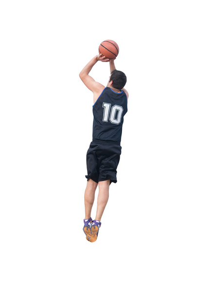 joueur de basket-ball faisant un tir de saut sur blanc
 - Photo, image