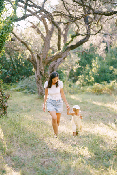ママと小さな女の子は手を握り,公園を歩き,足を見つめている. 高品質の写真 - 写真・画像