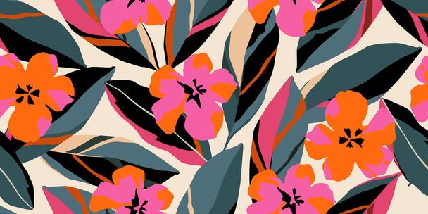 Ručně kreslené tropické květiny, bezešvé vzory s květinovým vzorem pro tkaniny, textilie, oblečení, balicí papír, obal, banner, interiérová výzdoba, abstraktní zázemí. vektorová ilustrace. - Vektor, obrázek