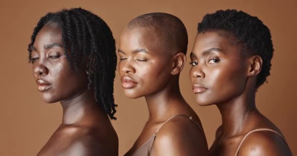 Hautpflege-, Gesichts- oder schwarze Frauenmodelle mit glühender Haut oder Afro-Isolation auf braunem Hintergrund. Gesichtsdermatologie, Diversität oder Kosmetik für Make-up im Studio mit Freundinnen oder Afrikanern. - Filmmaterial, Video