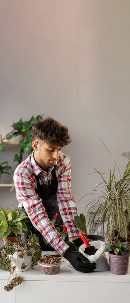 Giovane uomo arabo amante delle piante prendersi cura di piante d'appartamento. Un tizio che trapianta una pianta in vaso a casa. Ricevuto. Bandiera - Foto, immagini