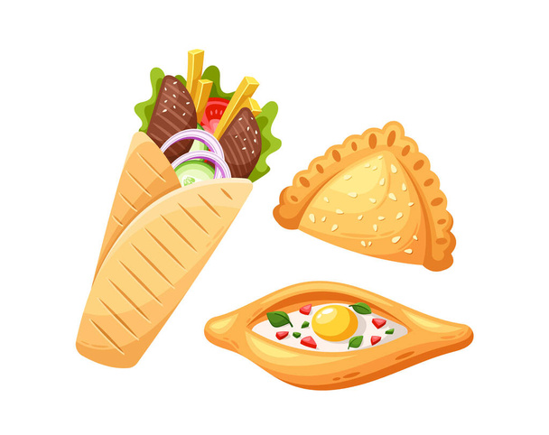 Khachapuri, A Georgian Delight, Featuring A Boat-shaped Bread Filled With Melted Cheese, Eggs, And Butter. Shawarma, Middle Eastern Street Food, With Seasoned Meat, Veggies, And Sauces In A Wrap - Vector, Image