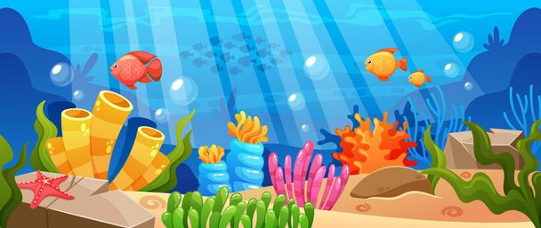 Fondo vibrante del mundo submarino de estilo de dibujos animados con arrecifes de coral coloridos, vida marina juguetona y agua azul cristalina. Entorno acuático animado e inmersivo. Ilustración vectorial - Vector, imagen