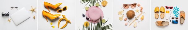 Set of beach accessories with travelling supplies, laptop and tropical fruits on light background - Photo, Image