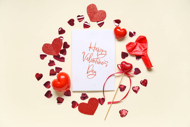 Card with text HAPPY VALENTINE'S DAY and heart shaped decor on light background - Foto, Imagen