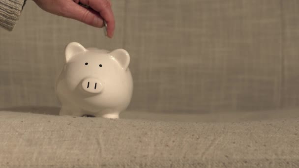 Putting coins into savings piggy bank medium 4k shot selective focus - Footage, Video