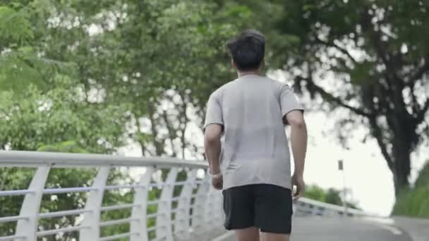 rear view of young asian man jogger male athlete jogging running exercising training outdoor in park - Filmati, video