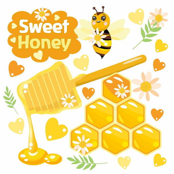 Медовий набір. Солодкий мед, медонос, бджола, серця, квіти, медова паличка. - Вектор, зображення