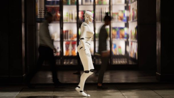 Dişi robot büyük bir şehirde cadde boyunca yürüyor. İnsansı yapay zeka robot caddeyi geçiyor. 3 boyutlu görüntüleme. gelecekteki otomasyon işi - Fotoğraf, Görsel