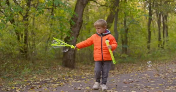 Szczęśliwe białe dziecko bawiące się bańkami mydlanymi w jesiennym parku. Mały chłopiec bawiący się w przyrodzie. Wysokiej jakości materiał 4k - Materiał filmowy, wideo