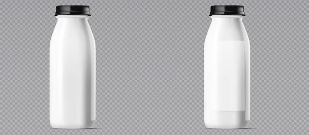Két csomag fehér, fényes műanyag palackok fekete csavaros tetejű, ideális joghurt vagy tej. Fehér, vektorképre elszigetelve, előre néző üres címkefelülettel. Vektorillusztráció - Vektor, kép