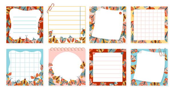 Paper sticky notes, Notepaper Sticker Notepads set with butterfly. Sheet list copybook page lined grid. Stationery elements planning education blank organizer. Isolated cartoon vector illustration - Vector, Image